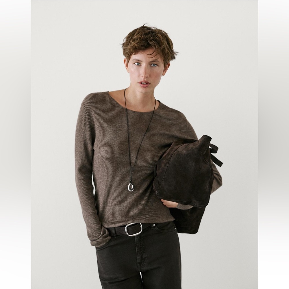 Brown Ribbed Knit Wool Sweater